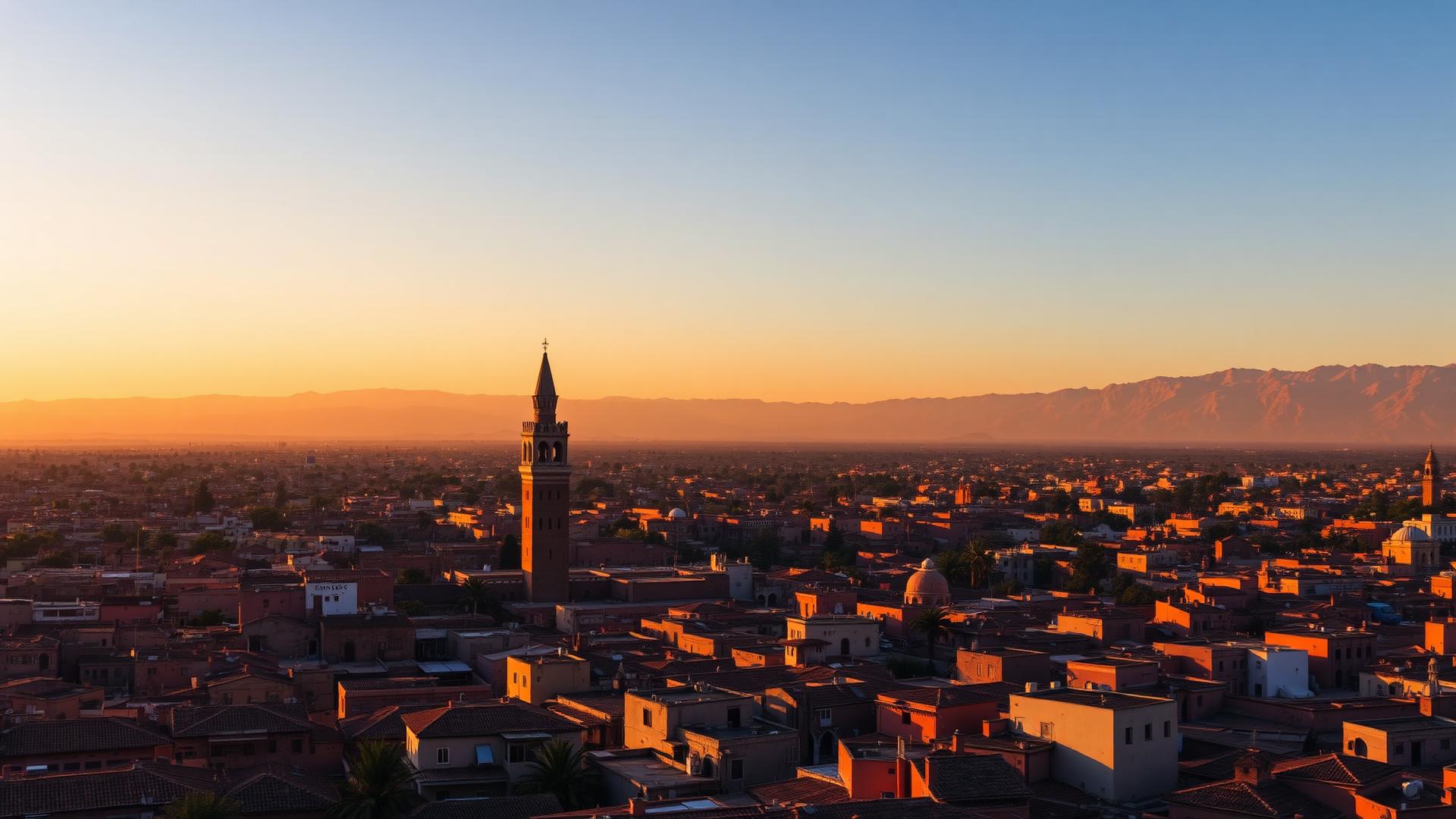 Paysage marocain avec montagnes, médina et ciel doré, illustrant la préparation d'un voyage au Maroc